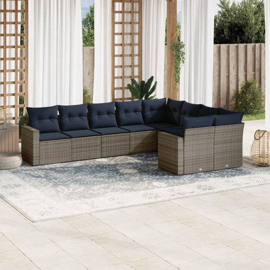 9-tlg. Garten-Sofagarnitur mit Kissen Grau Poly Rattan