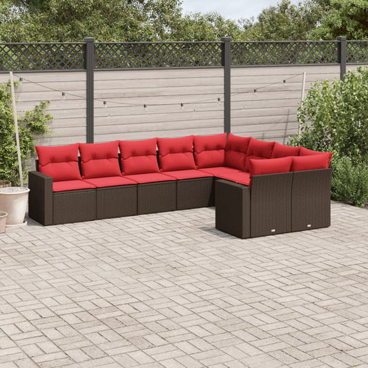 9-tlg. Garten-Sofagarnitur mit Kissen Braun Poly Rattan