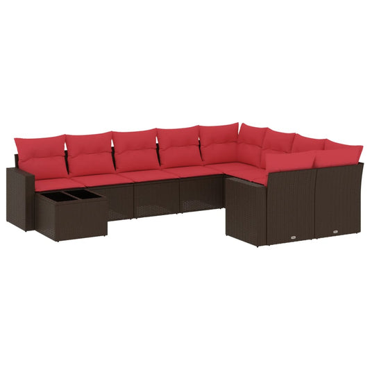 10-tlg. Garten-Sofagarnitur mit Kissen Braun Poly Rattan
