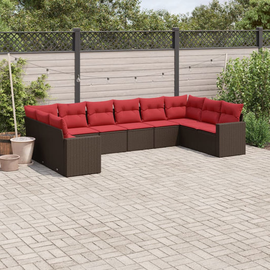 10-tlg. Garten-Sofagarnitur mit Kissen Braun Poly Rattan