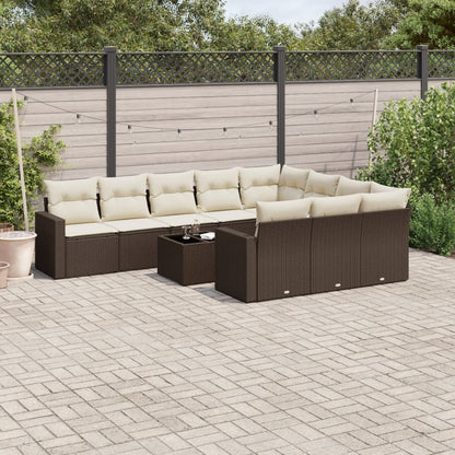 11-tlg. Garten-Sofagarnitur mit Kissen Braun Poly Rattan