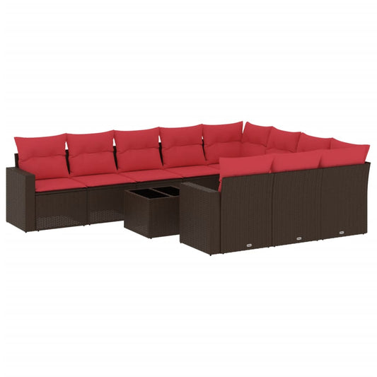 11-tlg. Garten-Sofagarnitur mit Kissen Braun Poly Rattan