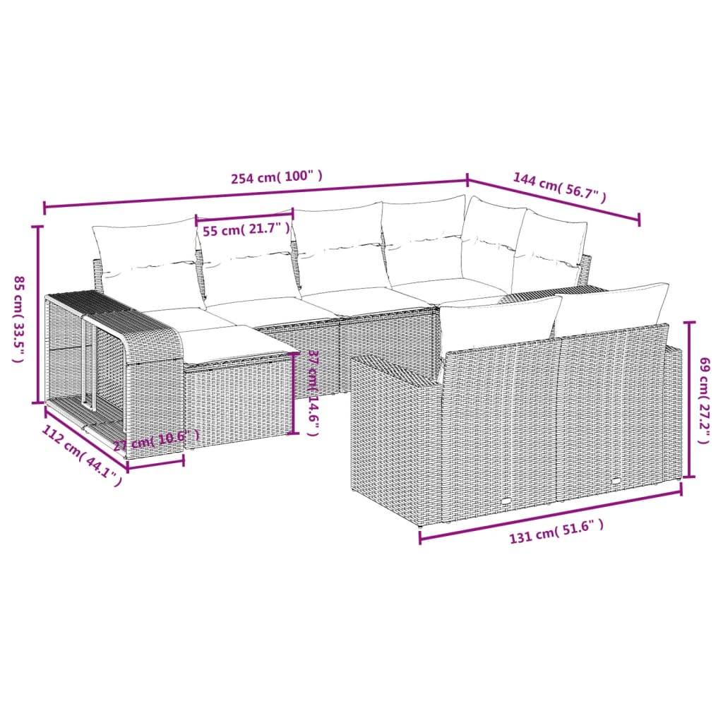 10-teiliges Gartensofa-Set mit Kissen, schwarzes Polyrattan