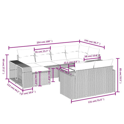 11-teiliges Gartensofa-Set mit Kissen, schwarzes Polyrattan