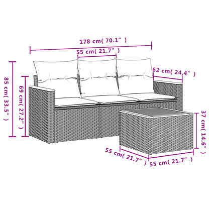 4-teiliges Gartensofa-Set mit Kissen, grau, Polyrattan