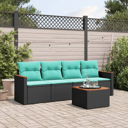 5-teiliges Gartensofa-Set mit Kissen, schwarzes Polyrattan