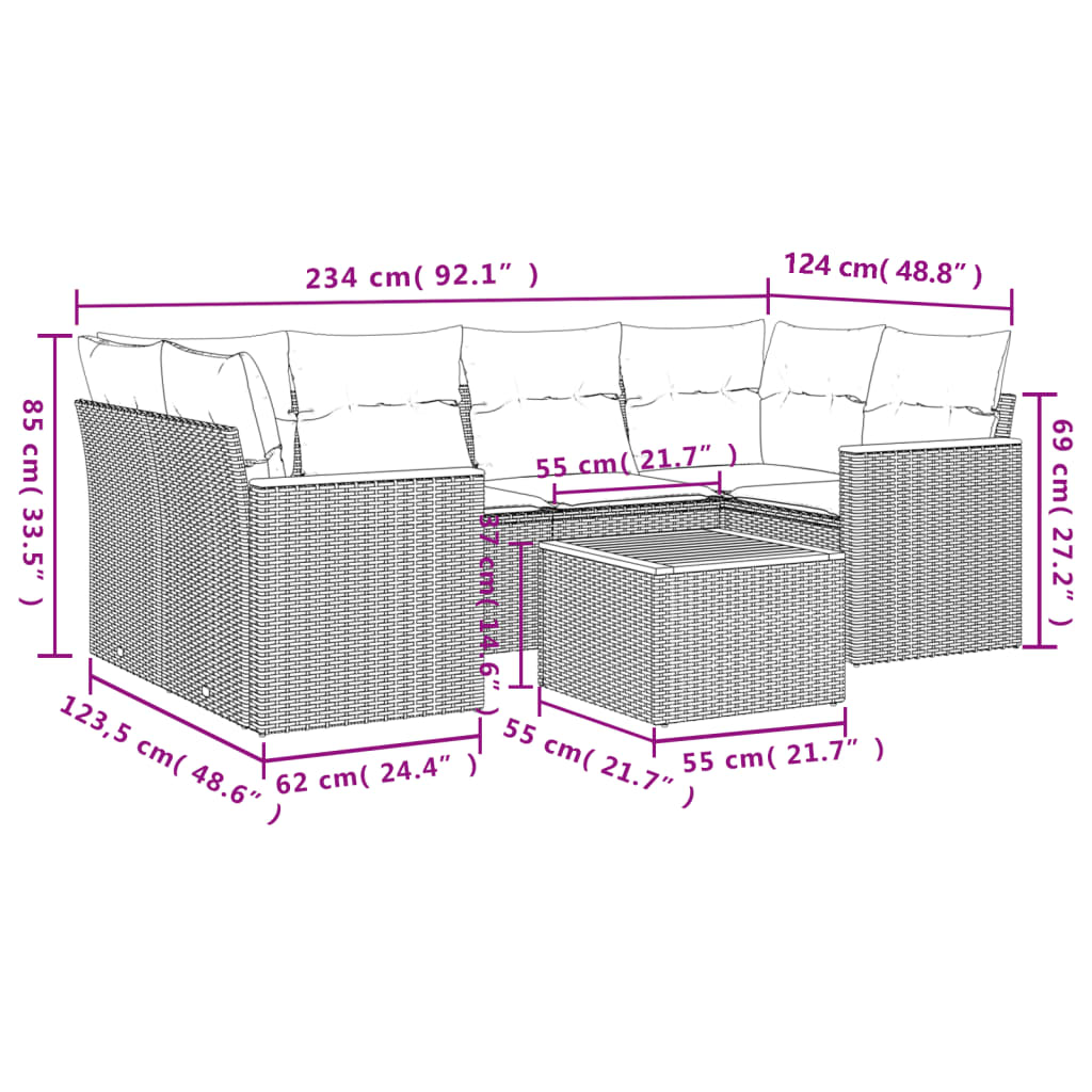 7-tlg. Garten-Sofagarnitur mit Kissen Schwarz Poly Rattan