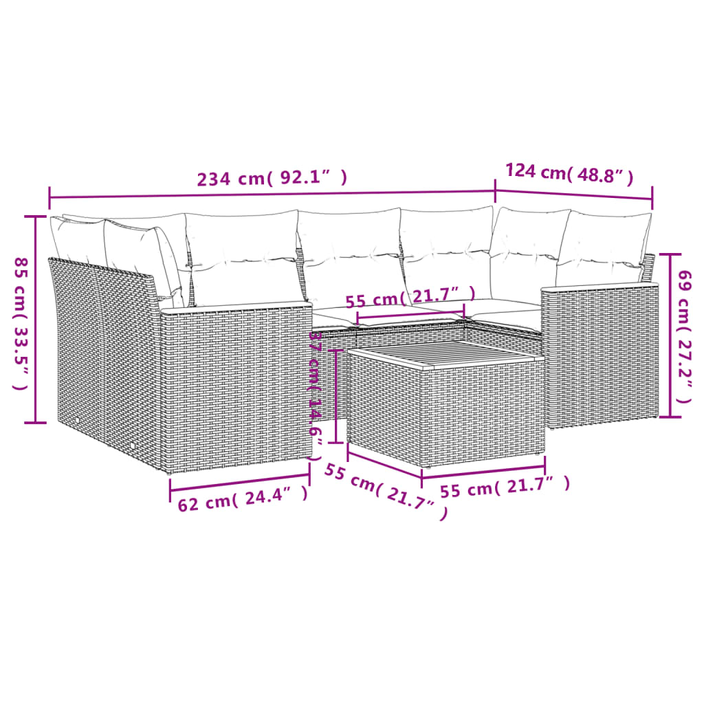 7-tlg. Garten-Sofagarnitur mit Kissen Grau Poly Rattan