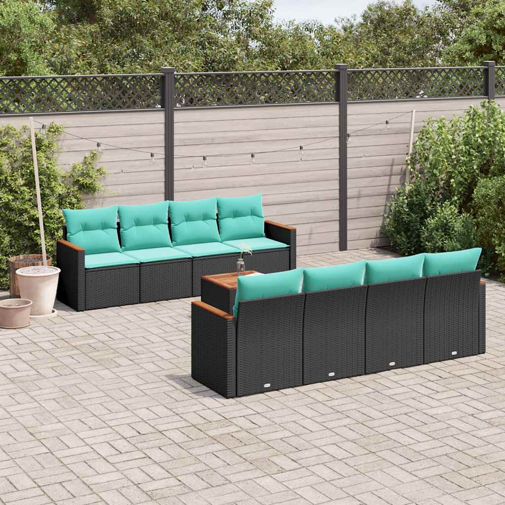 9-teiliges Gartensofa-Set mit Kissen, schwarzes Polyrattan