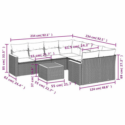 9-teiliges Gartensofa-Set mit Kissen, schwarzes Polyrattan