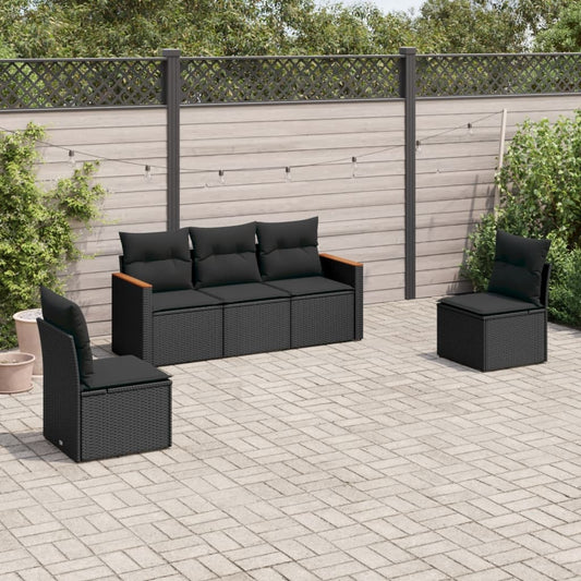 5-tlg. Garten-Sofagarnitur mit Kissen Schwarz Poly Rattan