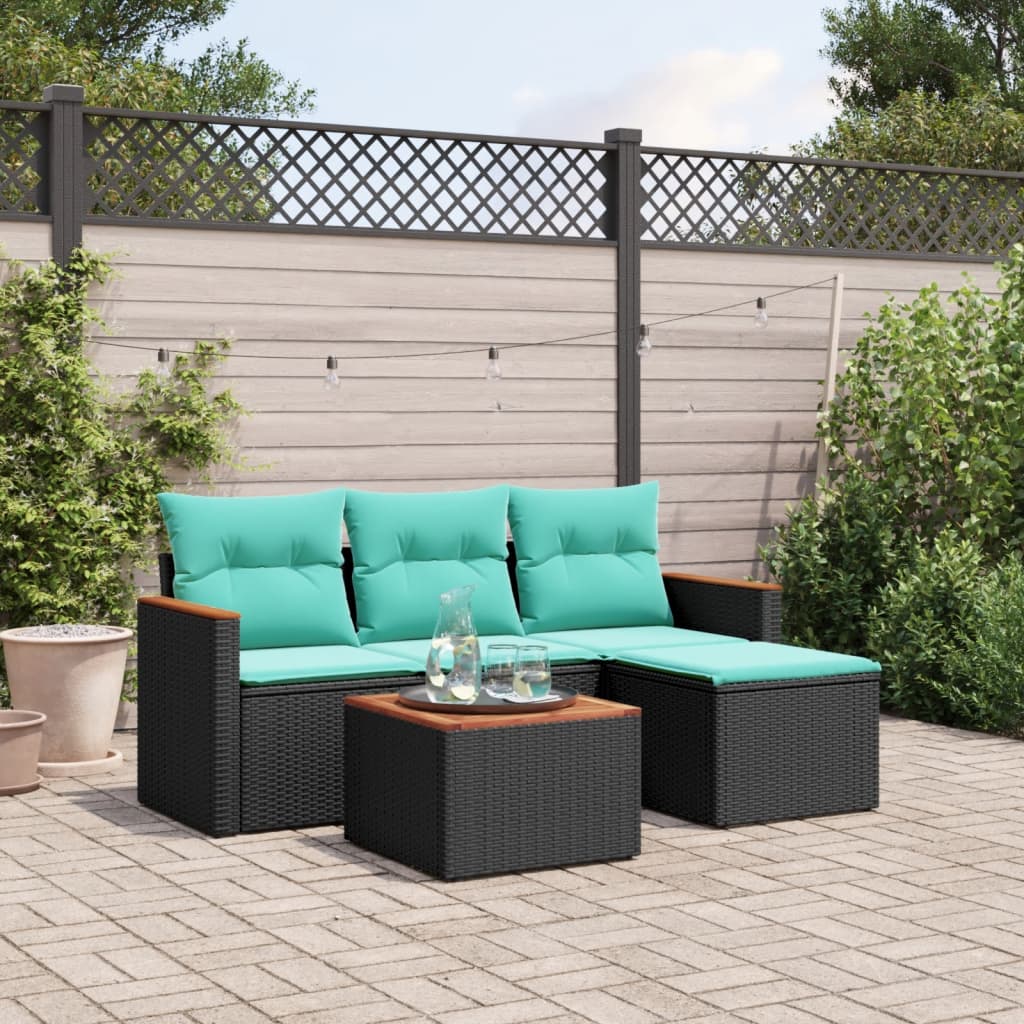 5-teiliges Gartensofa-Set mit Kissen, schwarzes Polyrattan