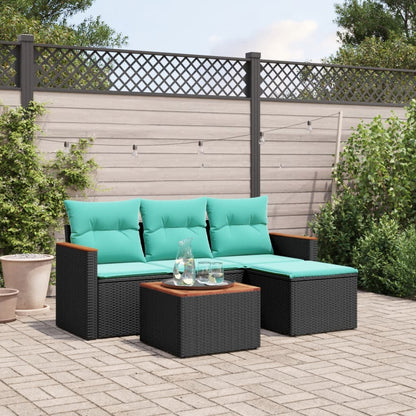 5-teiliges Gartensofa-Set mit Kissen, schwarzes Polyrattan