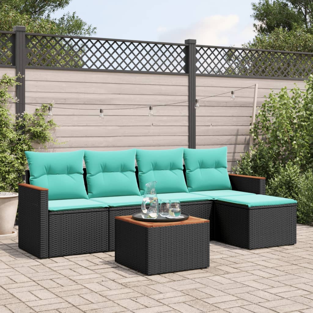 6-teiliges Gartensofa-Set mit Kissen, schwarzes Polyrattan