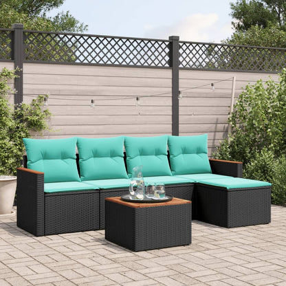 6-teiliges Gartensofa-Set mit Kissen, schwarzes Polyrattan