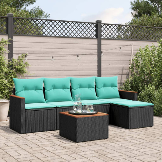 6-teiliges Gartensofa-Set mit Kissen, schwarzes Polyrattan