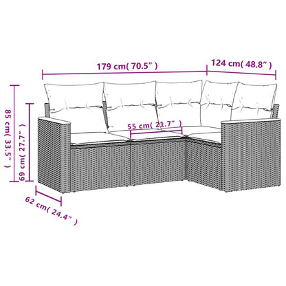 4-teiliges Gartensofa-Set mit Kissen, schwarzes Polyrattan