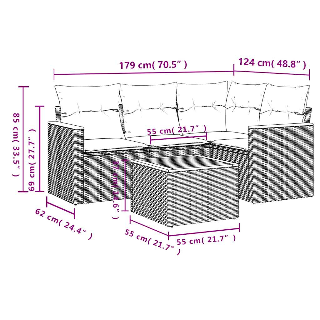 5-teiliges Gartensofa-Set mit Kissen, schwarzes Polyrattan