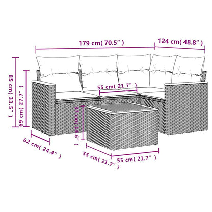 5-teiliges Gartensofa-Set mit Kissen, schwarzes Polyrattan