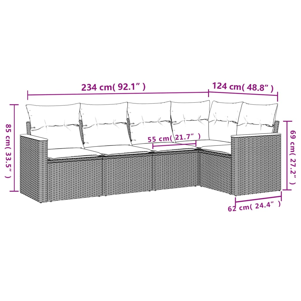 5-teiliges Gartensofa-Set mit Kissen, schwarzes Polyrattan