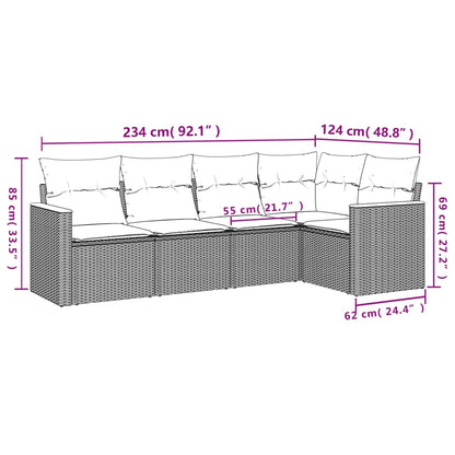 5-teiliges Gartensofa-Set mit Kissen, schwarzes Polyrattan