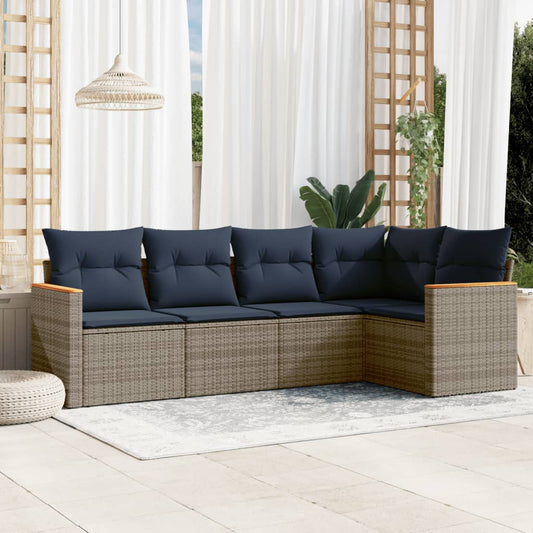 5-teiliges Gartensofa-Set mit Kissen, grau, Polyrattan