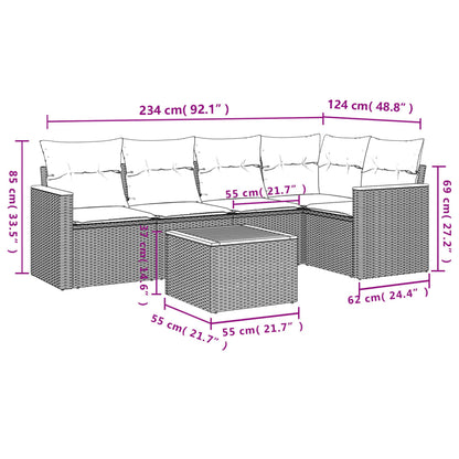 6-teiliges Gartensofa-Set mit Kissen, schwarzes Polyrattan