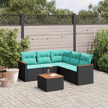 6-teiliges Gartensofa-Set mit Kissen, schwarzes Polyrattan