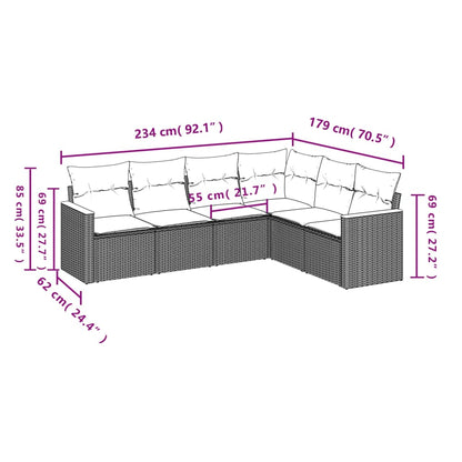 6-teiliges Gartensofa-Set mit Kissen, schwarzes Polyrattan