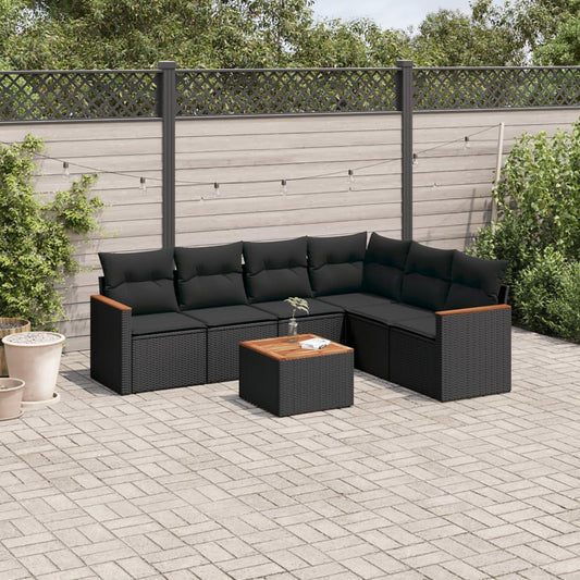 7-delt sæt Havesofasæt med puder Sort polyrattan