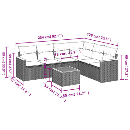 7-teiliges Gartensofa-Set mit Kissen, schwarzes Polyrattan