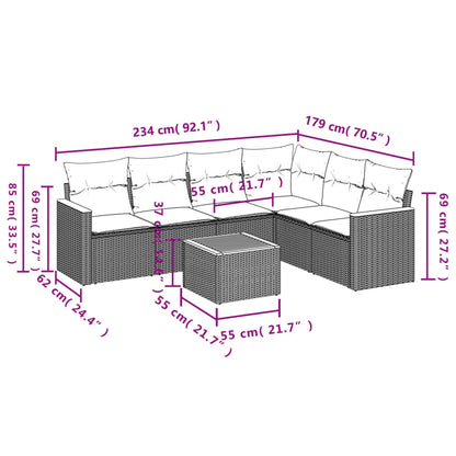 7-teiliges Gartensofa-Set mit Kissen, grau, Polyrattan