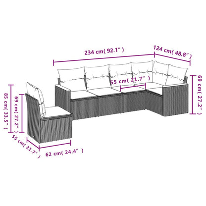 6-teiliges Gartensofa-Set mit Kissen, grau, Polyrattan