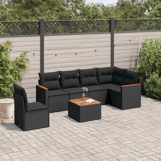 7-delt sæt Havesofasæt med puder Sort polyrattan