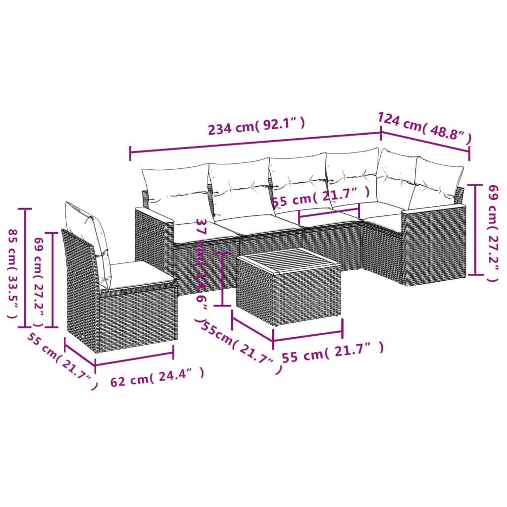 7-teiliges Gartensofa-Set mit Kissen, grau, Polyrattan