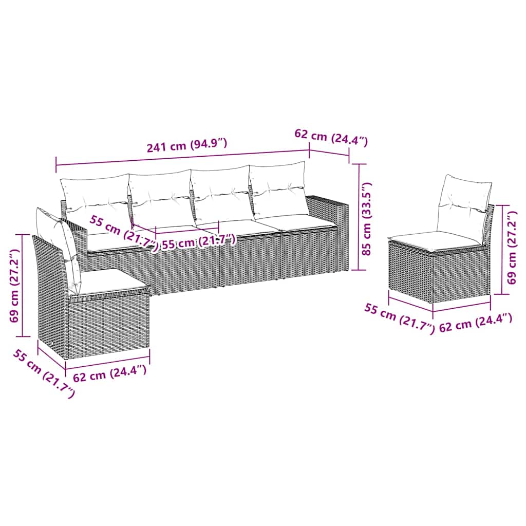 6-tlg. Garten-Sofagarnitur mit Kissen Schwarz Poly Rattan