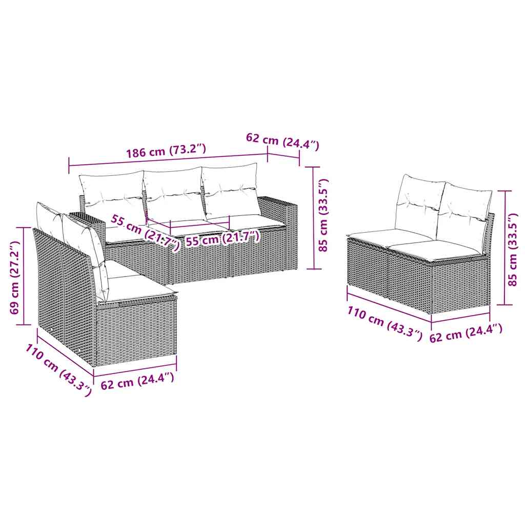 7-tlg. Garten-Sofagarnitur mit Kissen Schwarz Poly Rattan