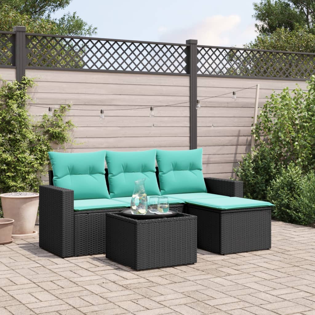 5-tlg. Garten-Sofagarnitur mit Kissen Schwarz Poly Rattan