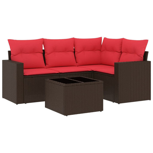 5-tlg. Garten-Sofagarnitur mit Kissen Braun Poly Rattan