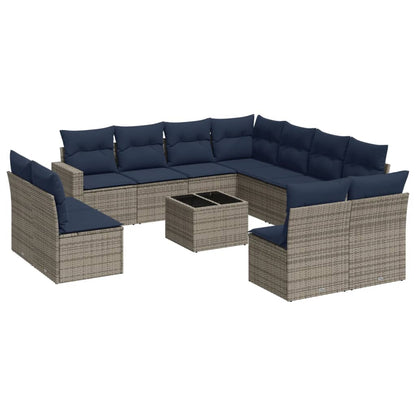 12-tlg. Garten-Sofagarnitur mit Kissen Grau Poly Rattan