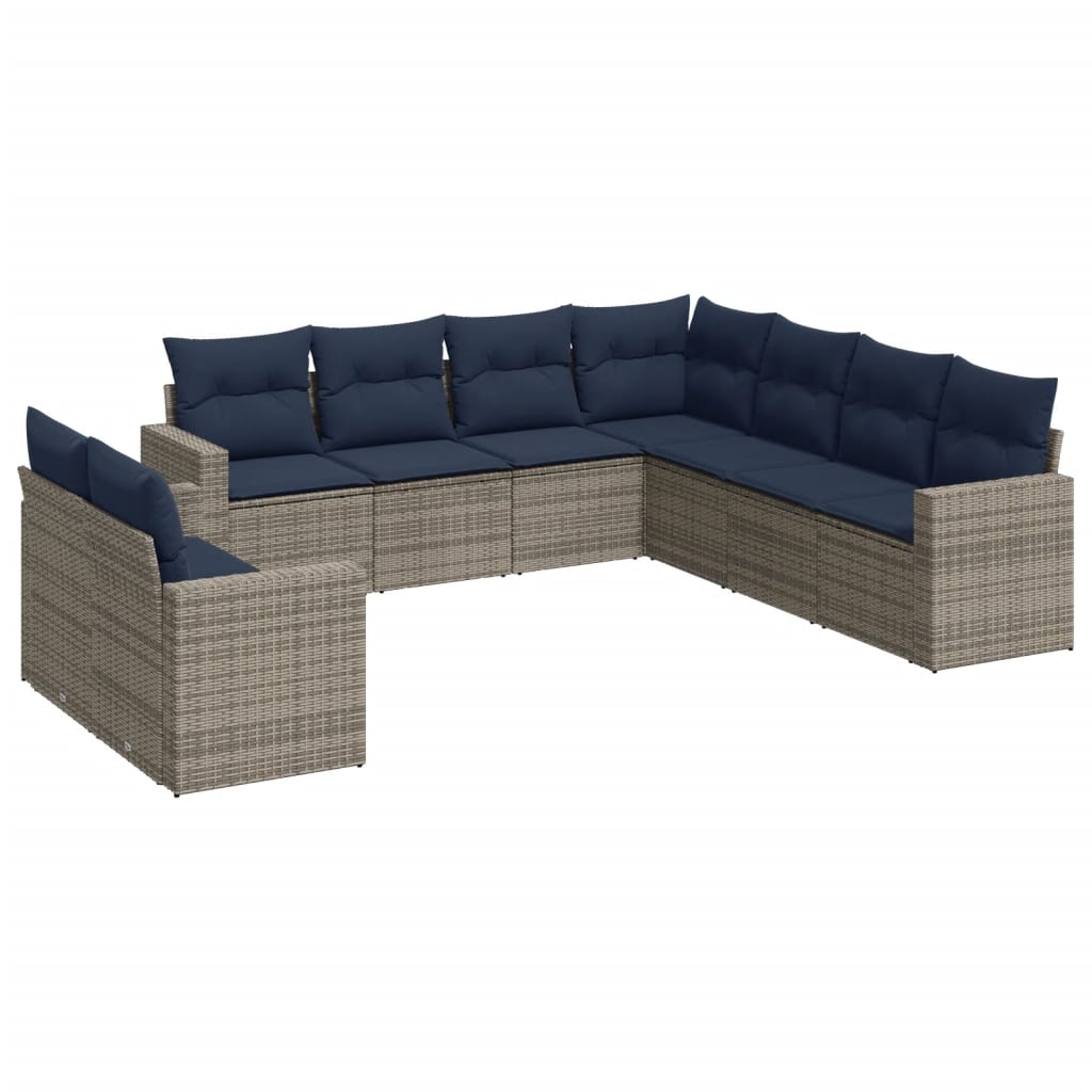9-tlg. Garten-Sofagarnitur mit Kissen Grau Poly Rattan