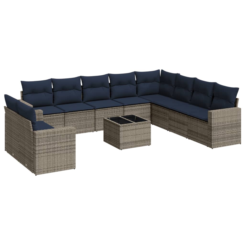 11-tlg. Garten-Sofagarnitur mit Kissen Grau Poly Rattan