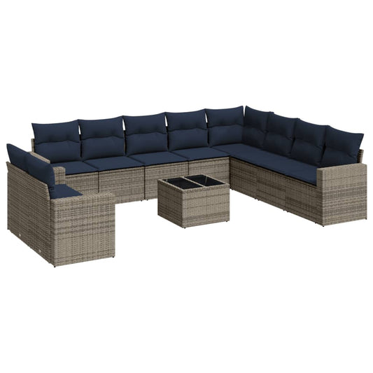 11-tlg. Garten-Sofagarnitur mit Kissen Grau Poly Rattan