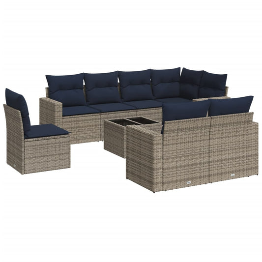 9-tlg. Garten-Sofagarnitur mit Kissen Grau Poly Rattan