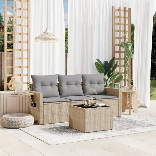4-tlg. Garten-Sofagarnitur mit Kissen Beige Poly Rattan