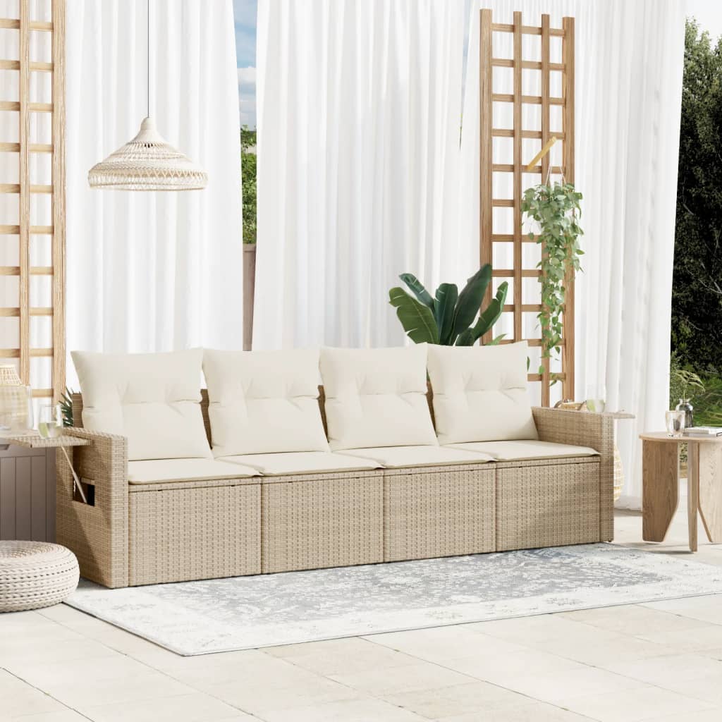 4-tlg. Garten-Sofagarnitur mit Kissen Beige Poly Rattan