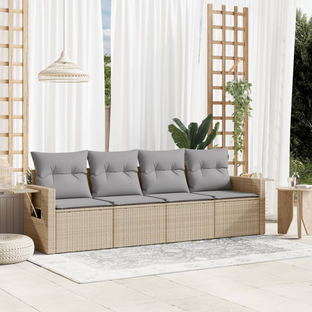 4-tlg. Garten-Sofagarnitur mit Kissen Beige Poly Rattan