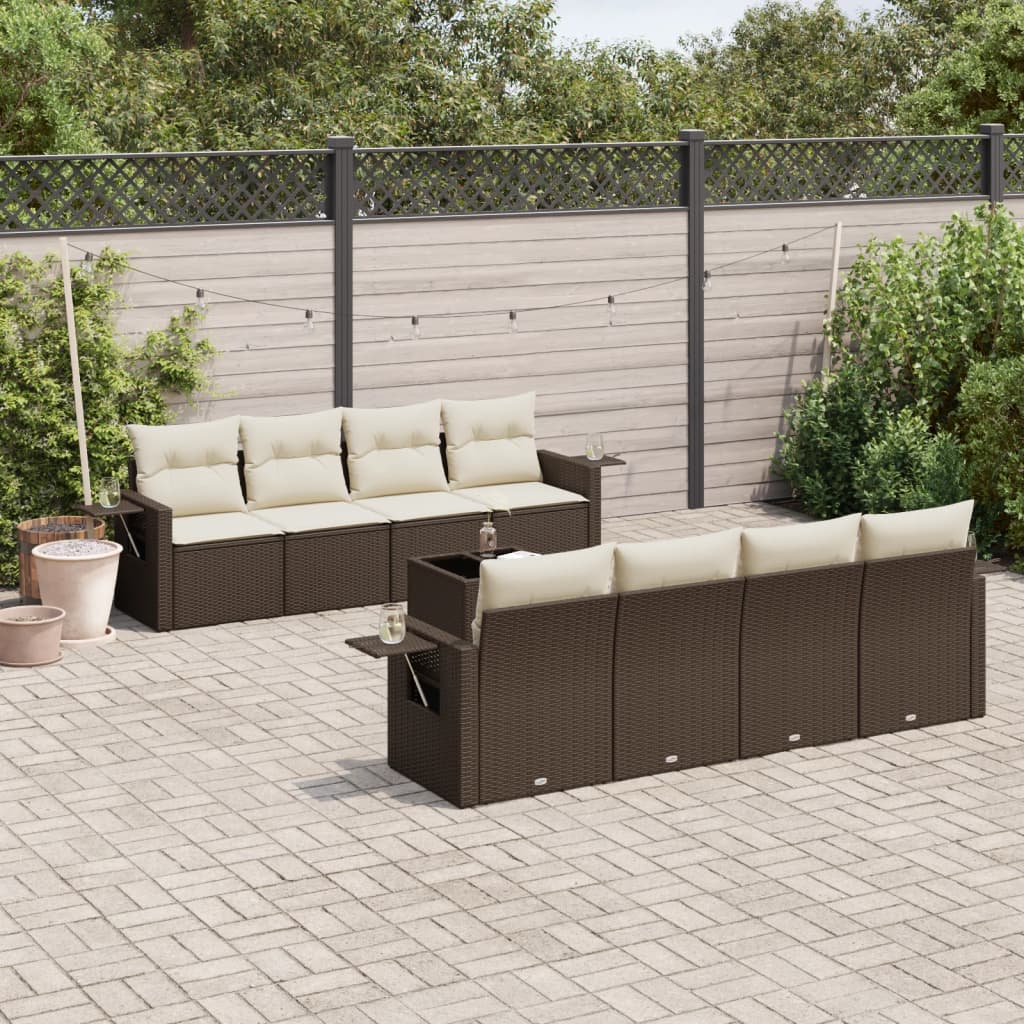 9-tlg. Garten-Sofagarnitur mit Kissen Braun Poly Rattan