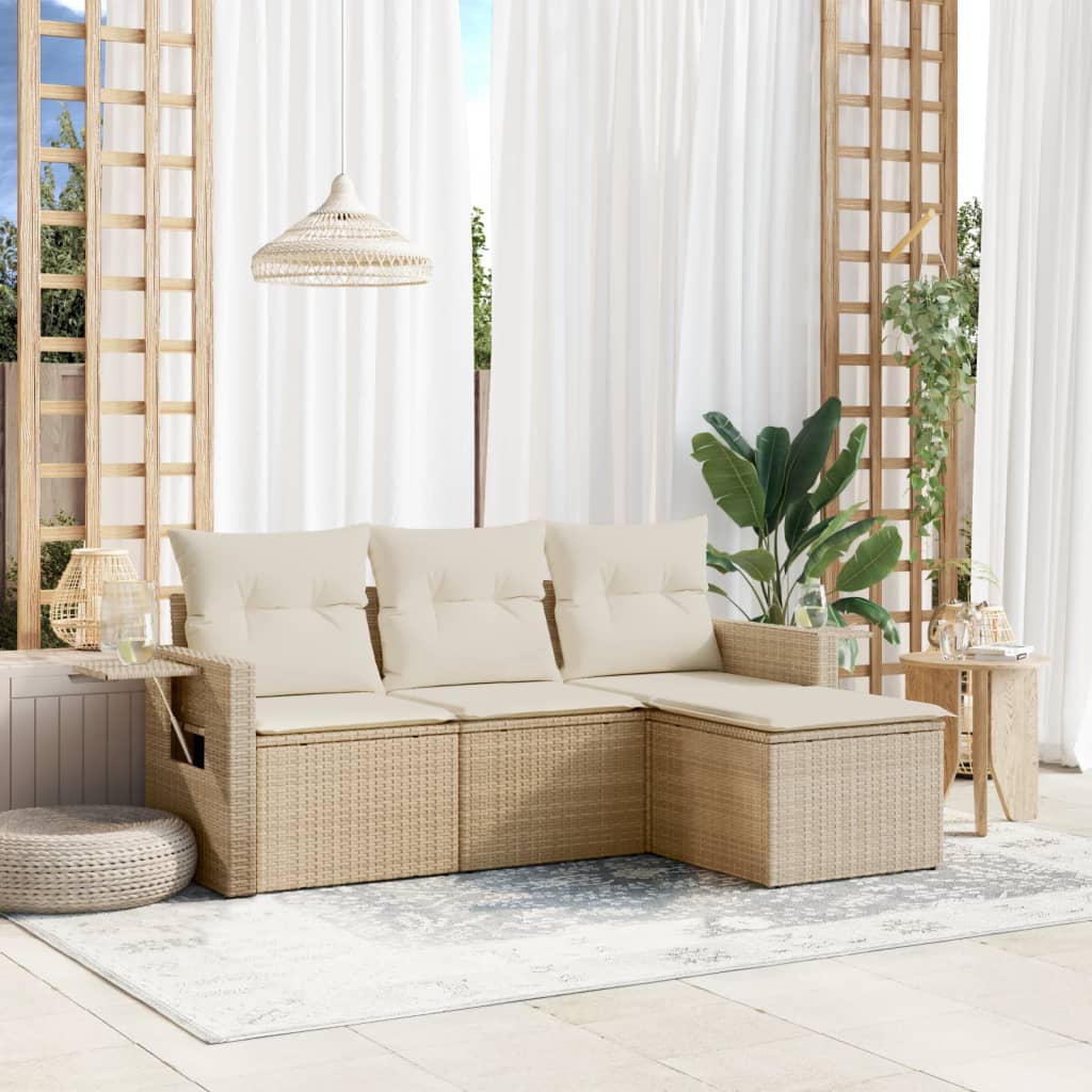 4-tlg. Garten-Sofagarnitur mit Kissen Beige Poly Rattan