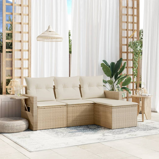 4-tlg. Garten-Sofagarnitur mit Kissen Beige Poly Rattan